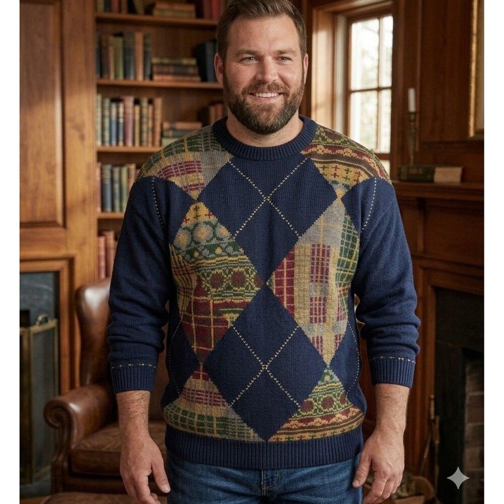 Woods & Gray Sweater Men XL 100% Cotton Color block Coogi Style Grandpa RARE